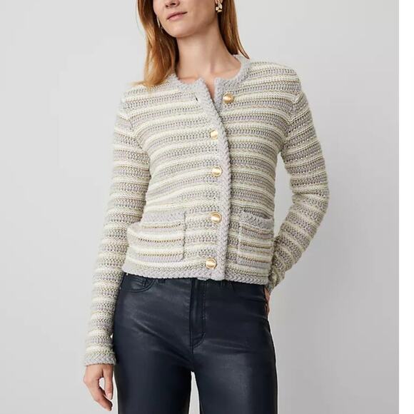Ann Taylor Lurex Tweed Jacket Cardigan Sweater Medium Gray Cream Stripe FLAW - Picture 1 of 15